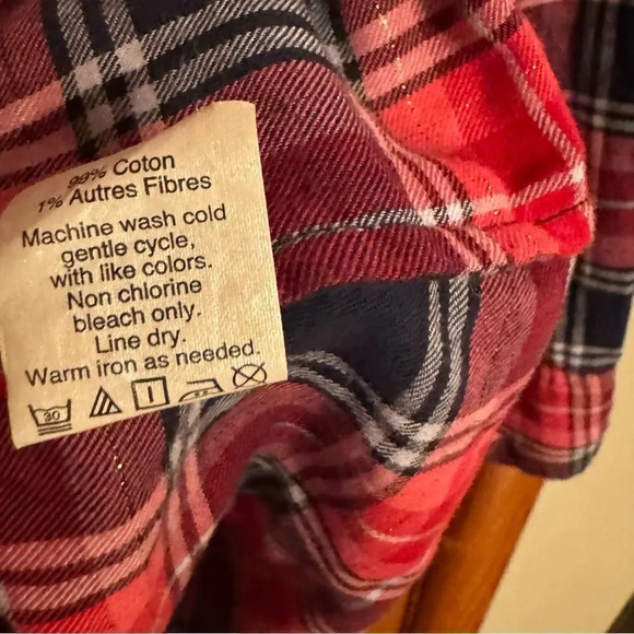 J CREW Pink and Navy Plaid Flannel Tunic with Gold Metallic Threads Size Medium - Picture 6 of 6